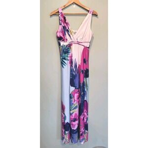 Great Northwest Indigo Tropical Empire Waist Sleeveless Stretch Maxi Dress Sz M